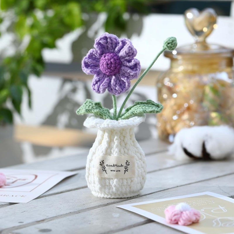 YOOJEE Crochet Flower Pot Thank You Crochet Gifts Coworker Handmade Knitted Daisy Purple Flowers Potted Plant Birthday Wedding Thanksgiving Halloween Fall Home Decoration - Image 2